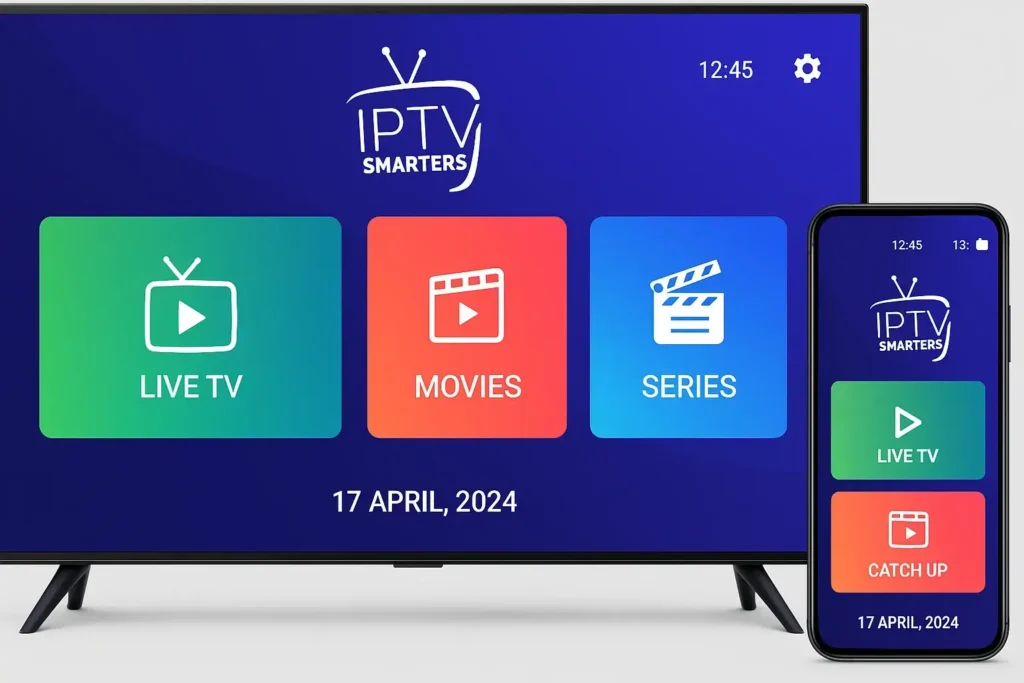Interface de l'application IPTV Smarters Pro avec un abonnement IPTV smarters pro actif