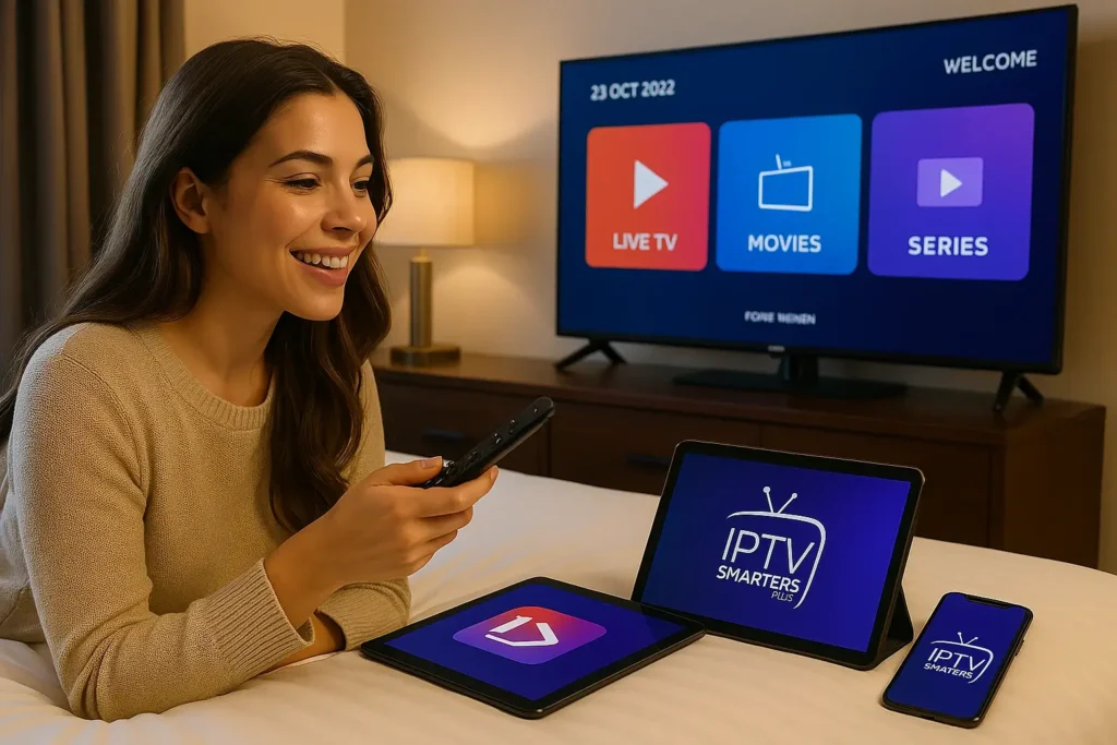 Utilisatrice regardant IPTV avec un code iptv smarters pro 2025 sur plusieurs écrans en voyage