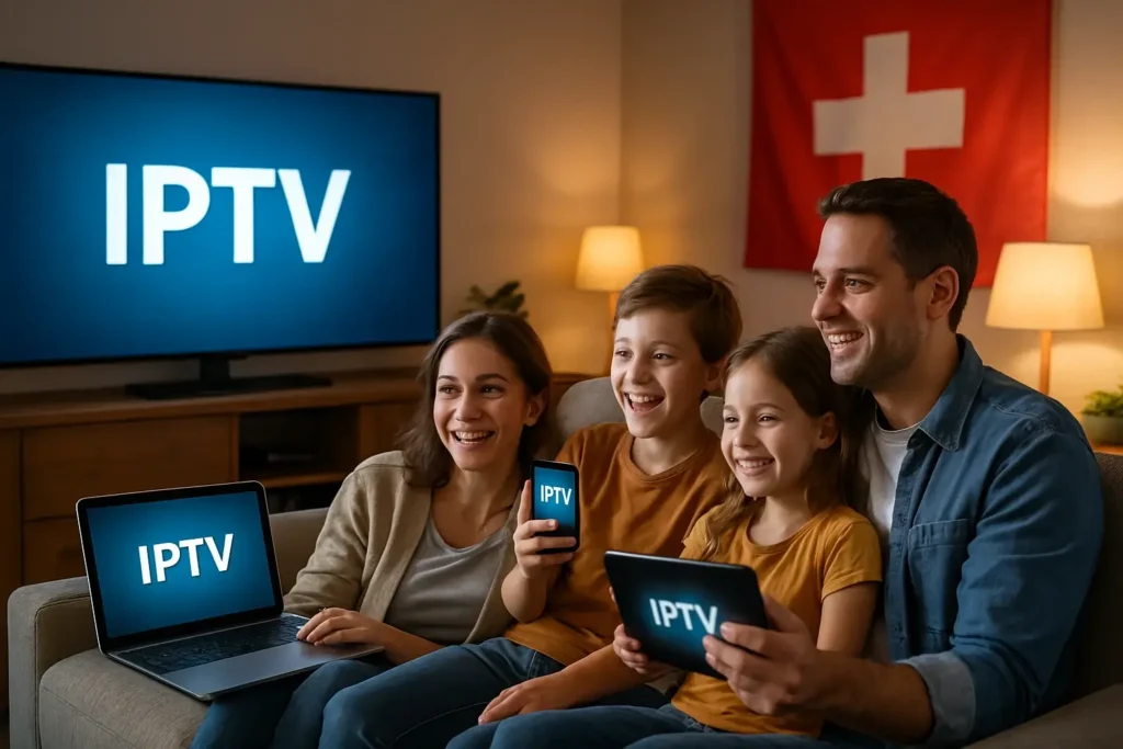 Famille utilisant IPTV Suisse sur plusieurs écrans dans un salon moderne


