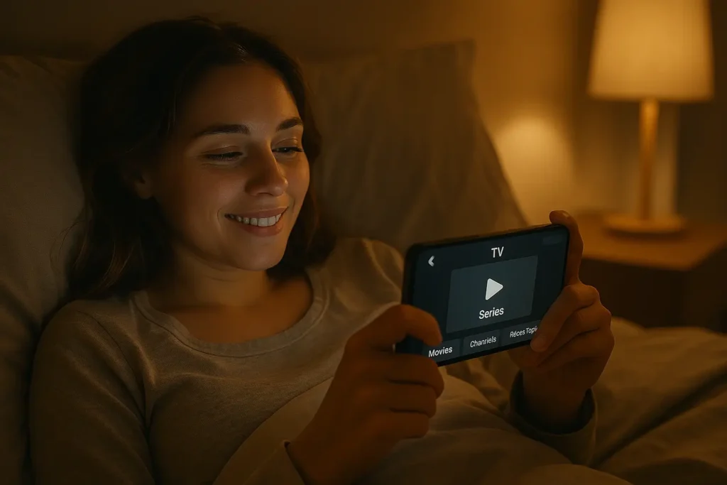 Femme utilisant son abonnement IPTV Android iOS pour regarder ses séries préférées sur smartphone