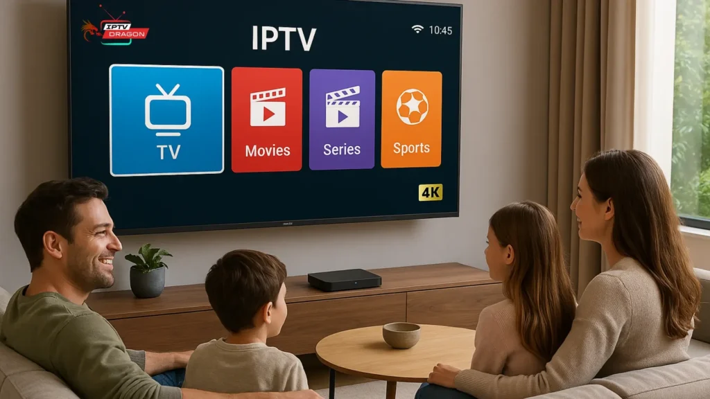 Salon moderne affichant l'interface de l'abonnement IPTV pro avec qualité 4K premium