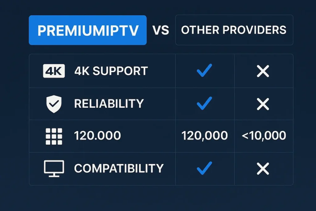 Tableau comparatif des services IPTV mettant en avant PremiumIPTV comme choix fiable