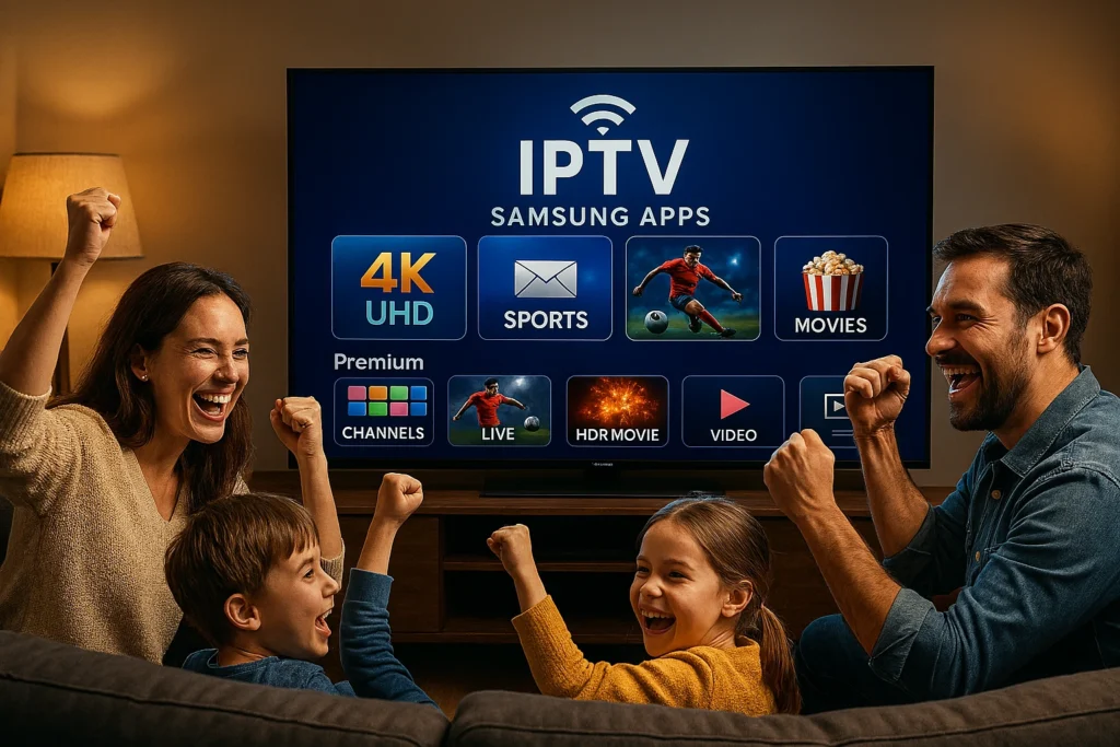 Famille regardant IPTV Samsung Apps sur Smart TV Samsung sans coupure lors d’un match