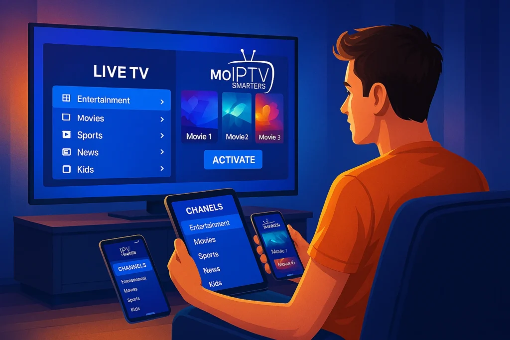 IPTV Smarters Pro Prix 2025 – Personne utilisant un abonnement iptv smarters pro sur TV, tablette et smartphone