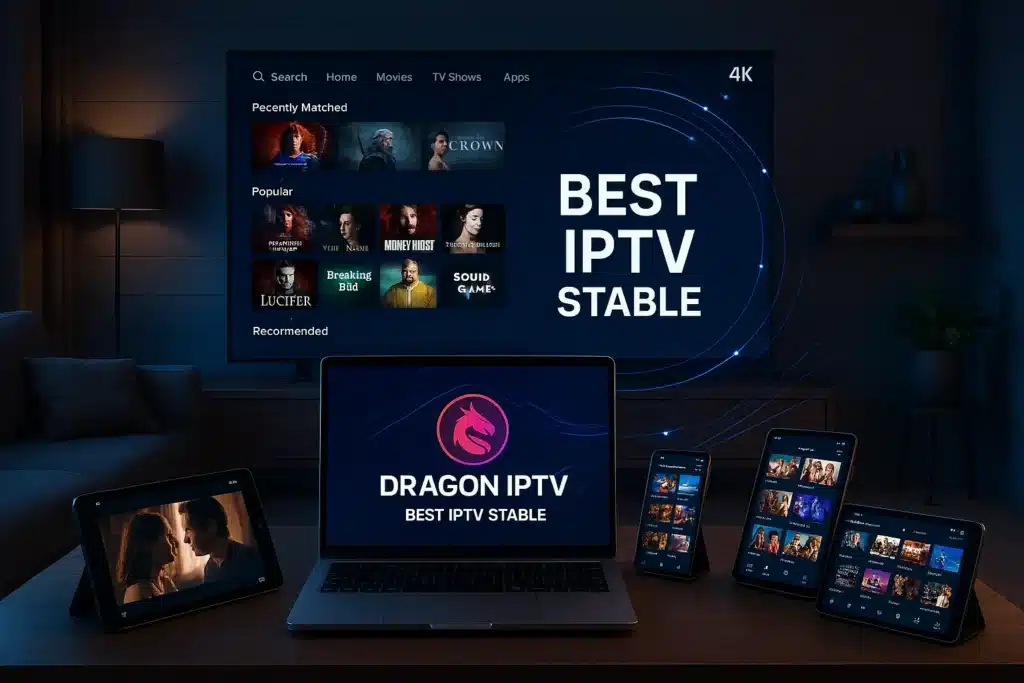 Best IPTV stable streaming with DRAGON IPTV on TV, smartphone, tablet, and laptop, showcasing IPTV fiable et abonnement IPTV stable en 2025.