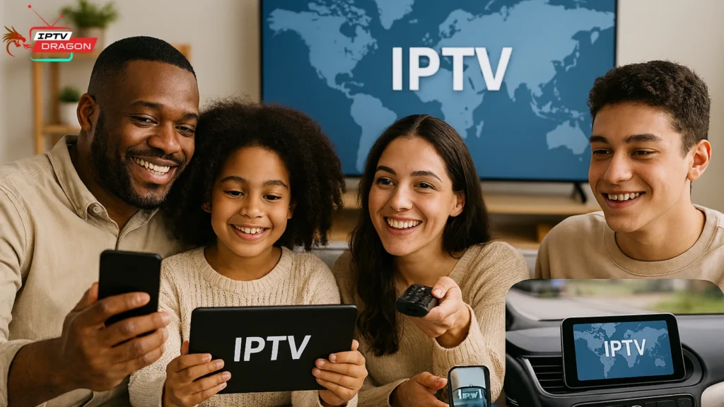 Avis IPTV – famille utilisant DRAGON IPTV sur plusieurs écrans simultanément
