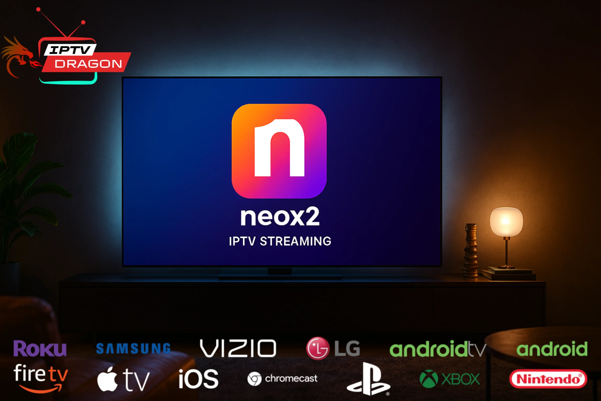 Interface IPTV moderne avec Neox2 APK affiché sur un écran 4K dans un salon élégant.
