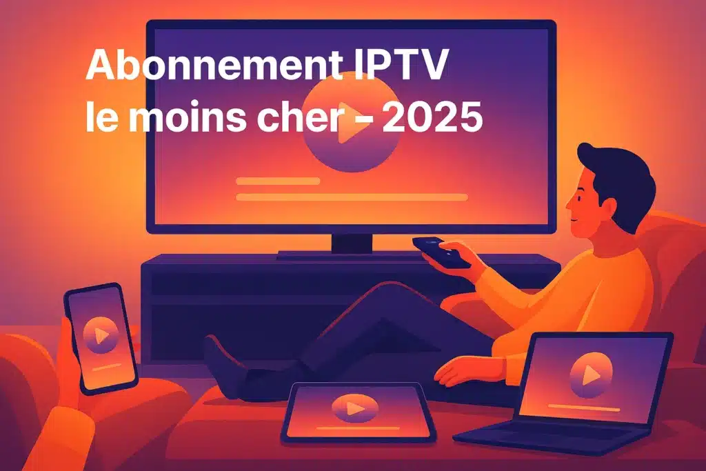 Illustration représentant un utilisateur profitant de l’abonnement IPTV le moins cher sur plusieurs appareils, ambiance moderne.