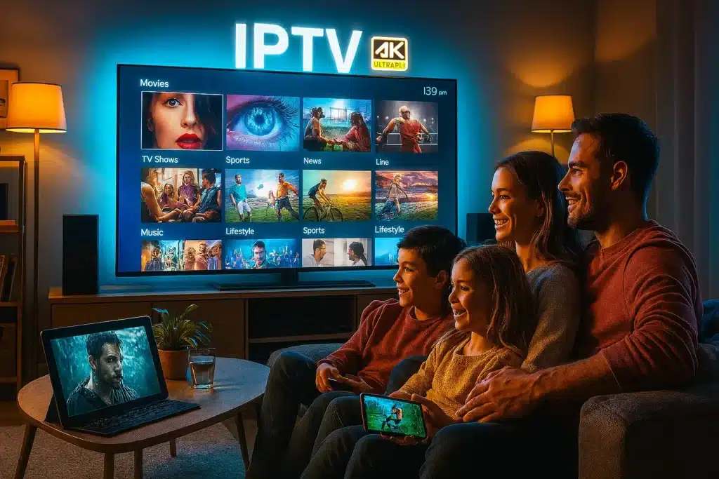 Famille regardant le meilleur IPTV sur Smart TV, tablette et smartphone avec DRAGON IPTV 4K et UHD en France