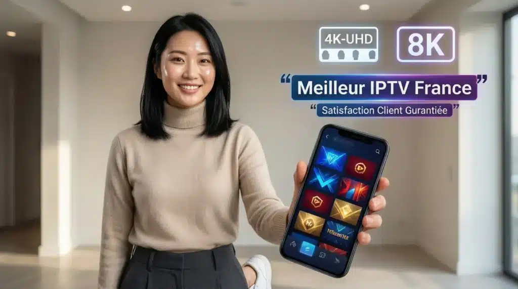 Utilisateur heureux montrant le meilleur iptv france sur smartphone et TV, profitant d’une expérience stable et fluide.
