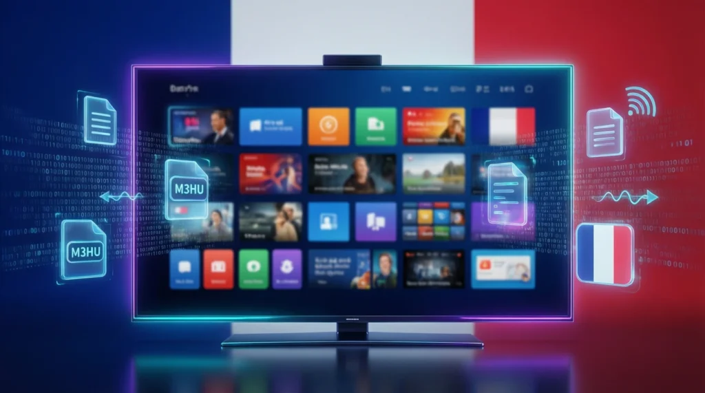 Liste codes IPTV 2026 affichée sur écran Smart TV moderne avec interface streaming premium et codes M3U