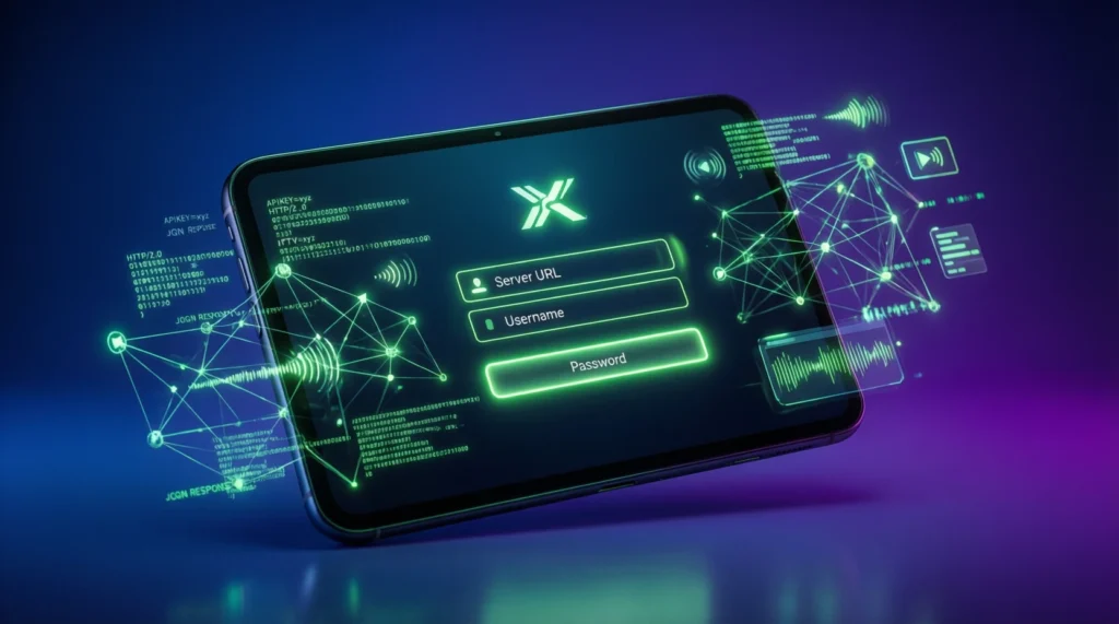 Code Xtream IPTV Player 2026 interface connexion avec formulaire login serveur activation