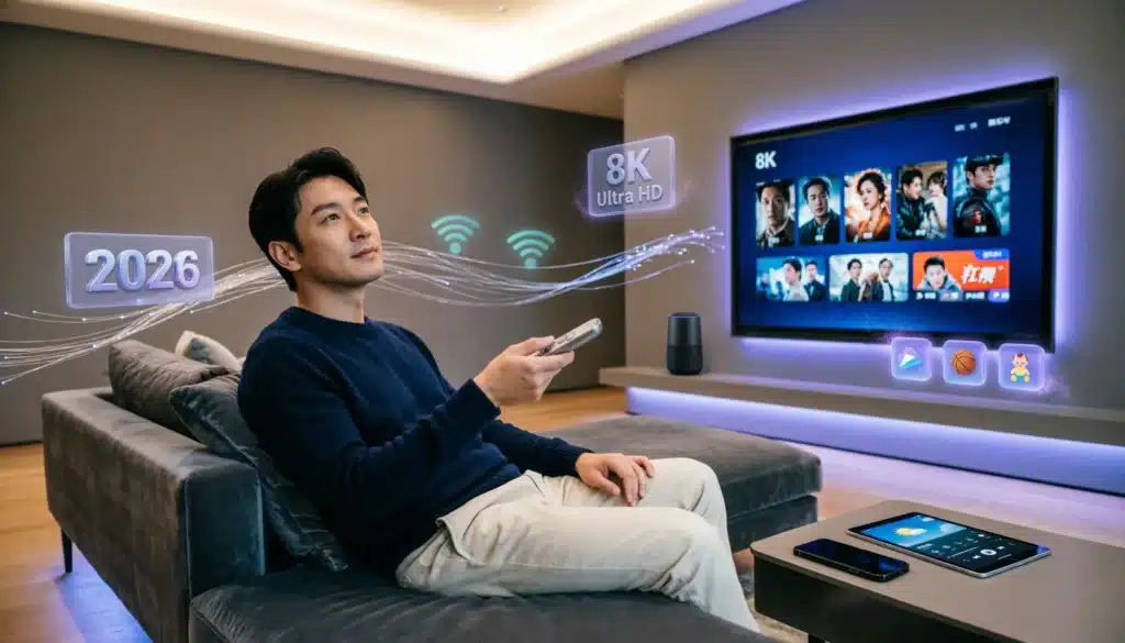 Abonnement IPTV 2026 - Setup futuriste avec TV 8K, interface intelligente et streaming multi-écrans