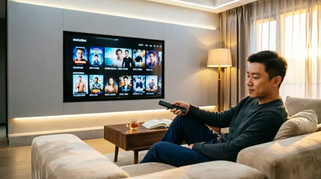 IPTV premium streaming experience on smart TV in modern living room
