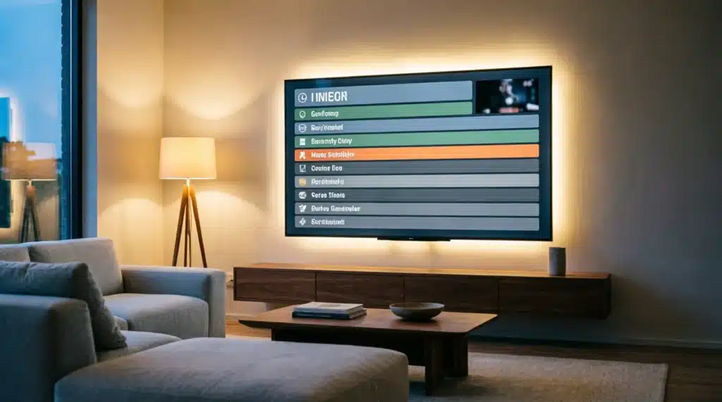 Player IPTV avec EPG intégré — guide électronique des programmes sur Smart TV en soirée
