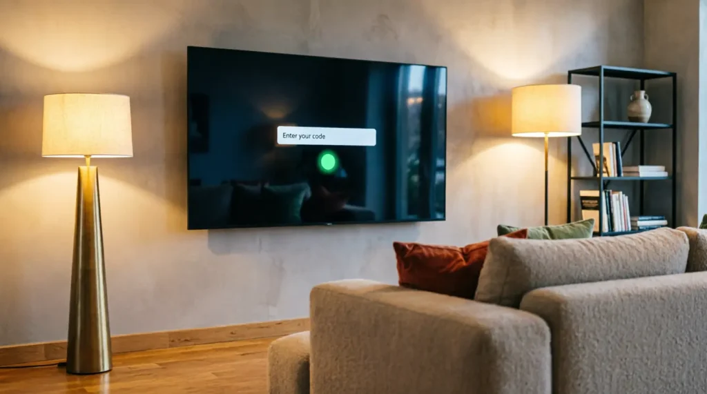 Smart TV moderne affichant une interface IPTV avec champ de saisie de code d'activation dans un salon cosy en France