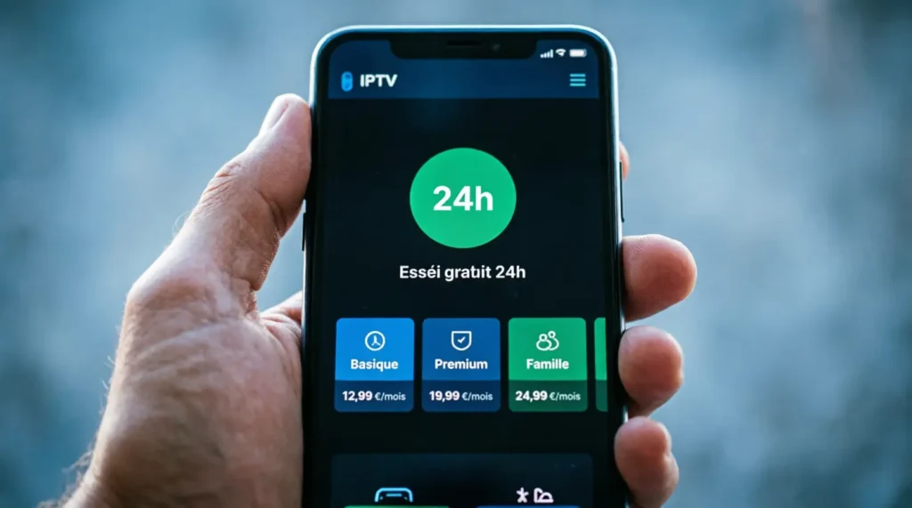 Smartphone affichant l'interface d'un fournisseur IPTV avec un bouton essai gratuit 24h pour obtenir un code IPTV gratuit
