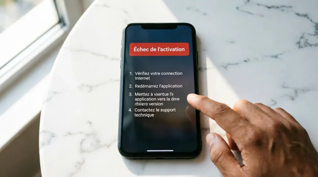 Écran de smartphone affichant un message d'erreur d'activation de code IPTV avec les étapes de résolution pour débloquer l'accès