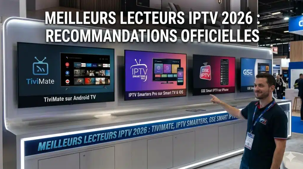 Meilleurs lecteurs IPTV 2026 pour french IPTV : TiviMate sur Android TV, IPTV Smarters Pro sur Smart TV et iOS, GSE Smart IPTV sur iPhone