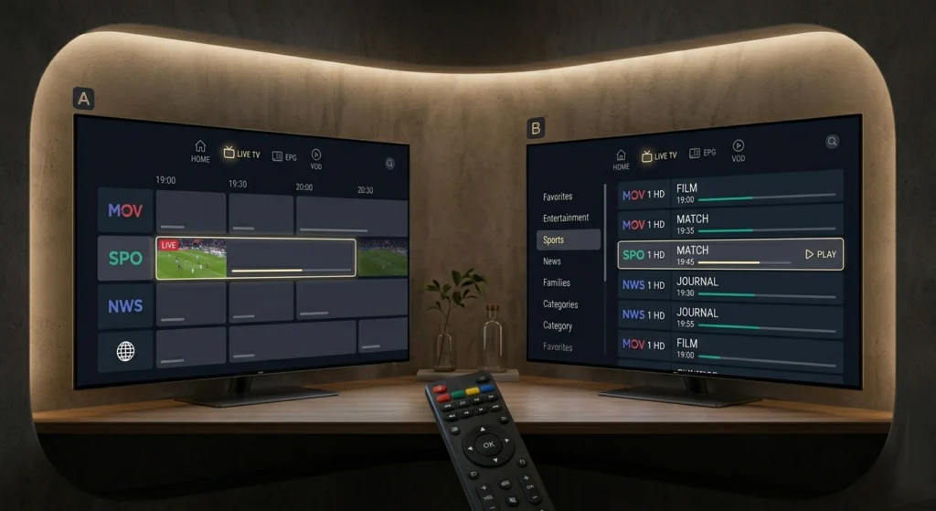 Comparaison d'interface entre TiViMate et IPTV Smarters Pro, les deux meilleures applications iptv android en 2026 sur Android TV