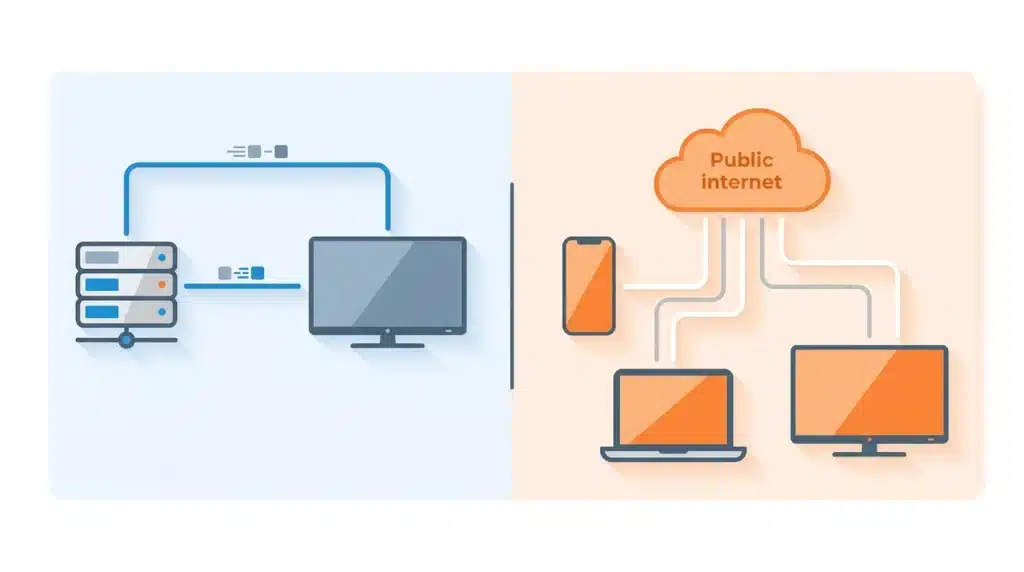 Schéma comparatif expliquant la différence entre IPTV et OTT : réseau dédié versus internet public pour la livraison du contenu vidéo