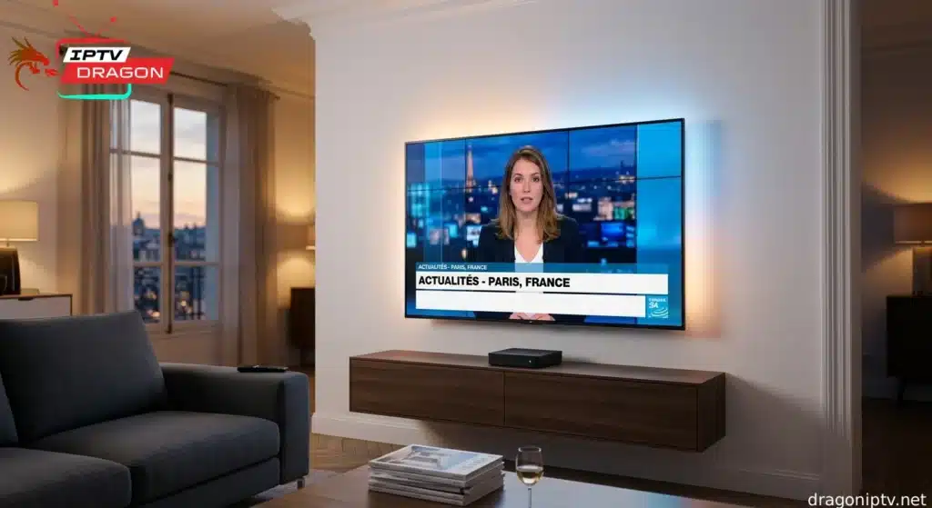 Setup french IPTV premium en 2026 : téléviseur 4K affichant des chaînes françaises en Full HD via Dragon IPTV dans un salon moderne