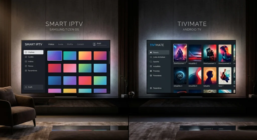 Comparatif des interfaces d'applications pour regarder iptv sur smart tv en 2026 — Samsung Tizen, LG webOS et Android TV côte à côte