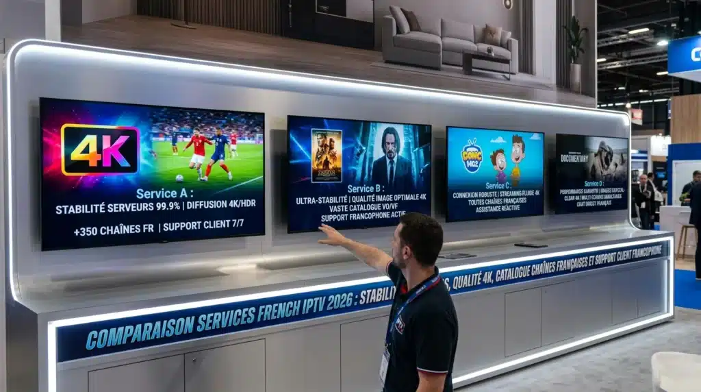 Comparaison services french IPTV 2026 : stabilité serveurs, qualité 4K, catalogue chaînes françaises et support client francophone