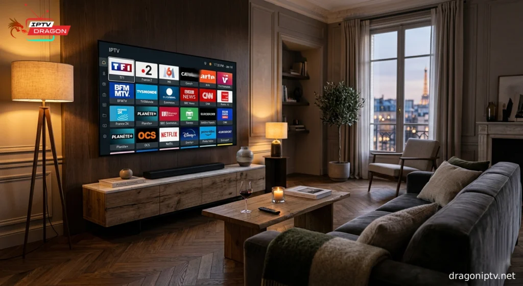 Salon moderne avec Smart TV 4K affichant un abonnement 12 Mois IPTV et une grille de chaînes françaises en haute définition