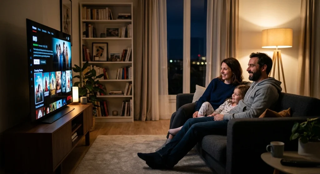 Famille française regardant la télévision en streaming sur une Smart TV 4K grâce à un abonnement iptv france dans un salon moderne