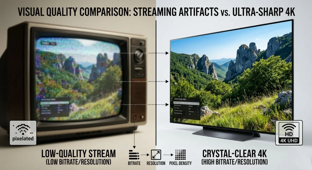 Comparaison visuelle entre une qualité HD standard et une qualité 4K Ultra HD sur un abonnement iptv france