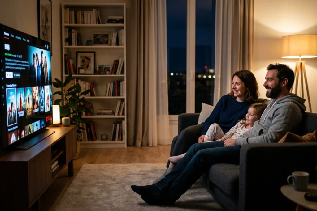 Famille française regardant la télévision en streaming sur une Smart TV 4K grâce à un abonnement iptv france dans un salon moderne